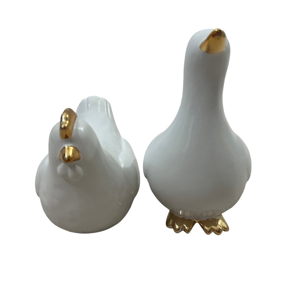 White Ceramic Bird Figurine Set Gold Accents Modern Farmhouse Hen Goose Decor